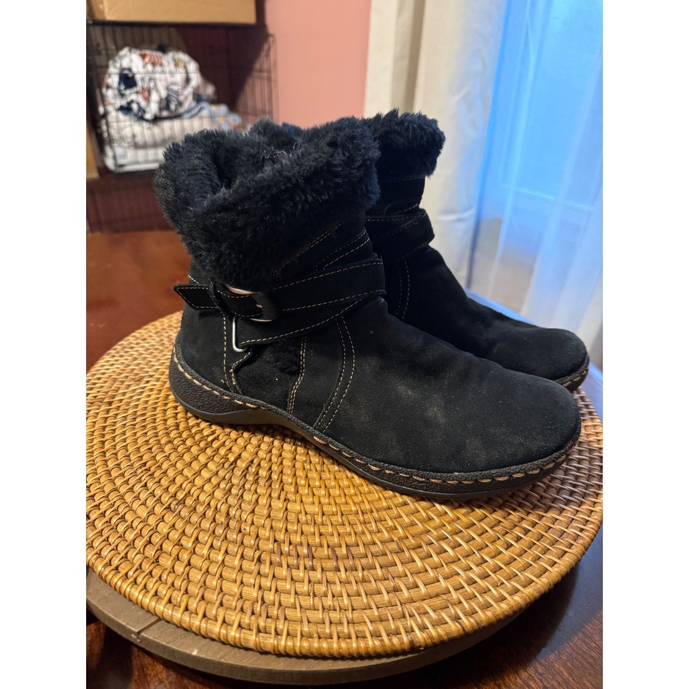 Baretraps Eryn Black Suede Faux Fur Trim Ankle Boots Women 8.5 M Buckle Zip